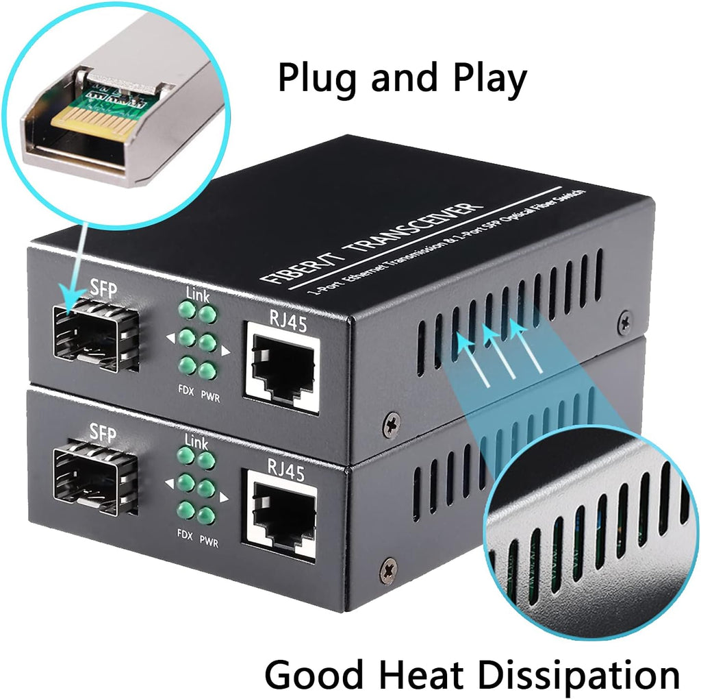 1.25G/s Bidi Gigabit Multi-Mode Fiber Ethernet Media Converter with 2PCS Bidi SFP LC Dual Transceiver Module, 10/100/1000Base-Tx to 1000Base-SX SMF RJ45 to SFP Slot, 550M, Pack of 2 Z379