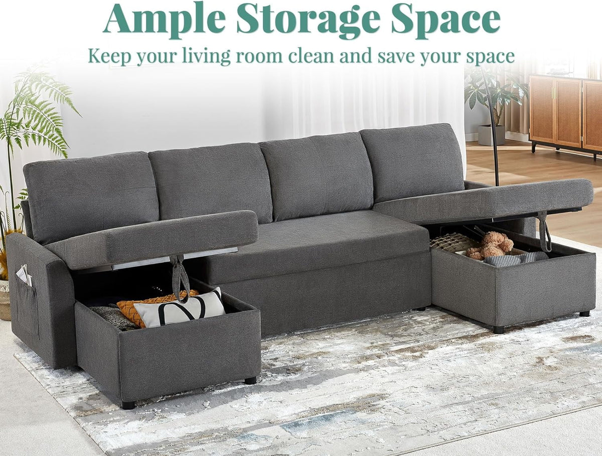 White Sherpa Sleeper Sofa with Storage Chaise W8331