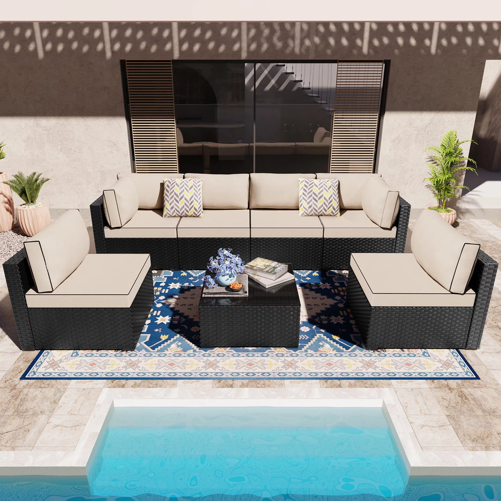 7 Pieces Black Wicker Outdoor Sectional Sofa Set O672233