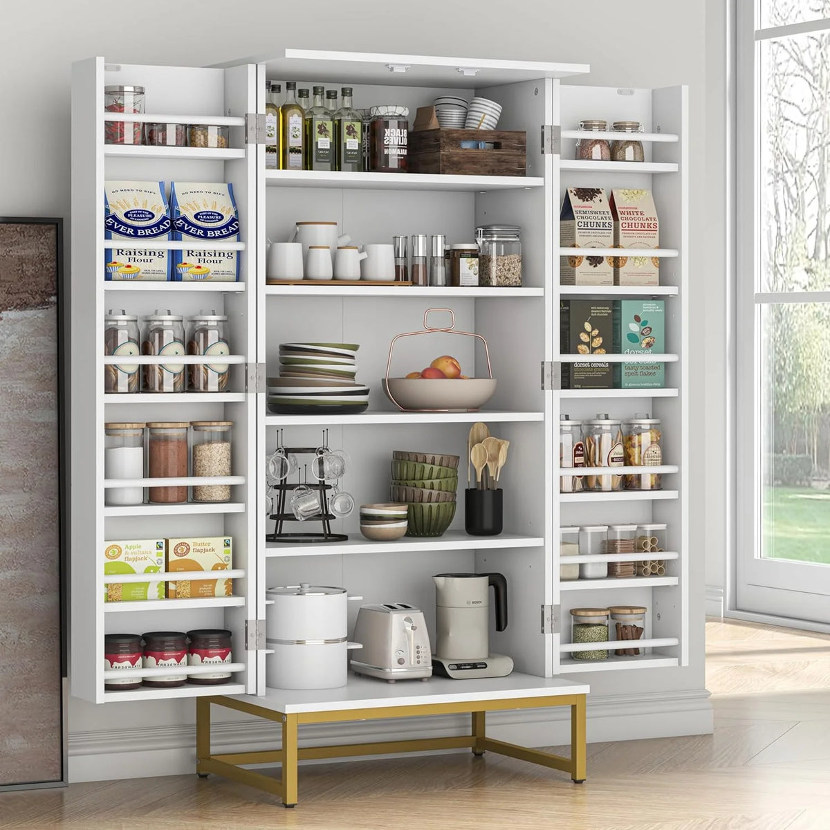 White Freestanding Kitchen Pantry Storage Cabinet with Adjustable Shelves Q190485