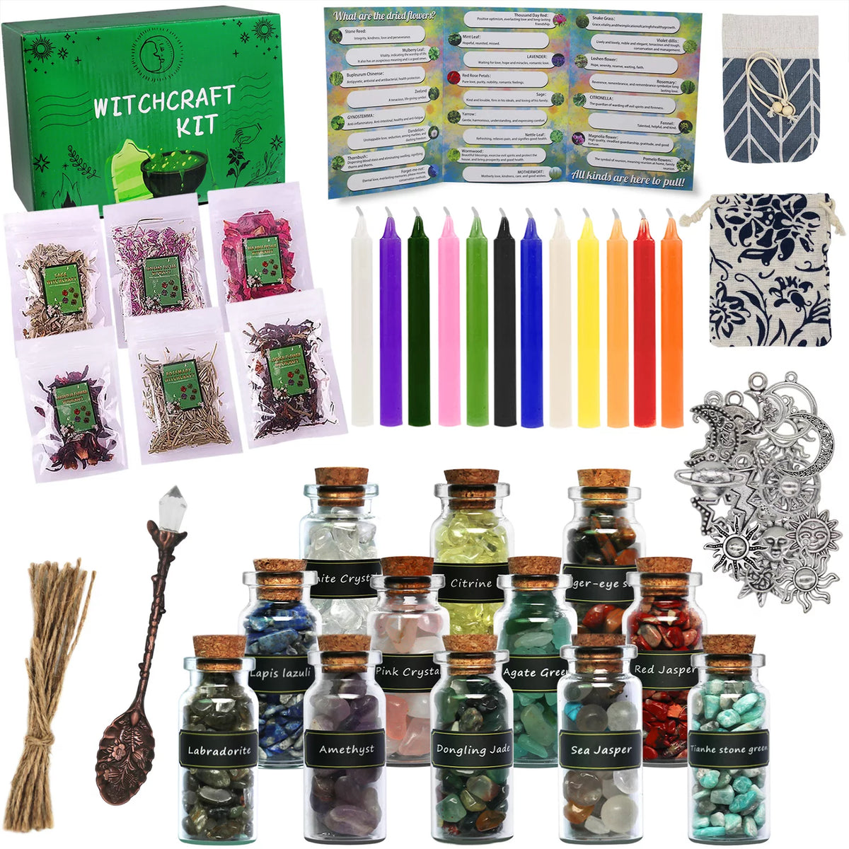 110 Pcs Witchcraft Supplies Kit with Crystal Jars Dried Herbs Colored Candles P24479