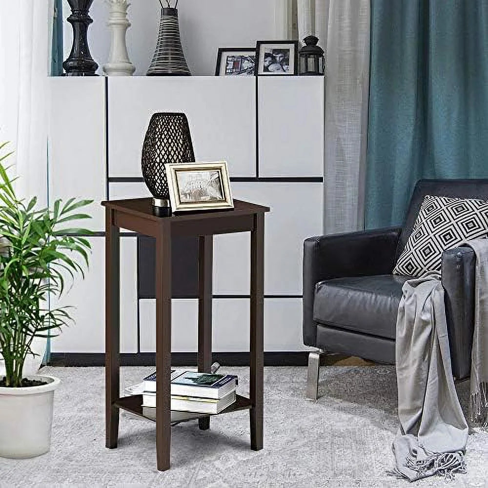 Dark Coffee Tall End Table With Storage Shelf And Solid Wood Legs, D12xw15xh29 Inches G405