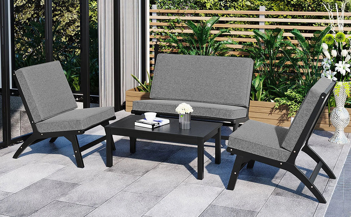 4 Pieces Acacia Solid Wood Outdoor Sofa Set with Coffee Table and Cushions D490301