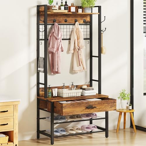 5-in-1 Wood Look Hall Tree with Bench and Shoe Storage, 12 Hooks Q45229