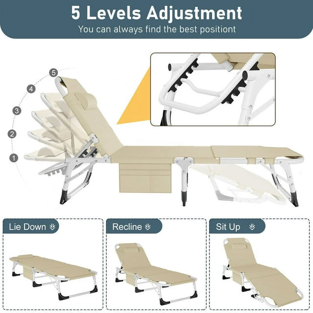 Heavy Duty Tanning Chair with Face & Arm Holes Adjustable 5-Position Folding Chaise Lounge Chair Y188