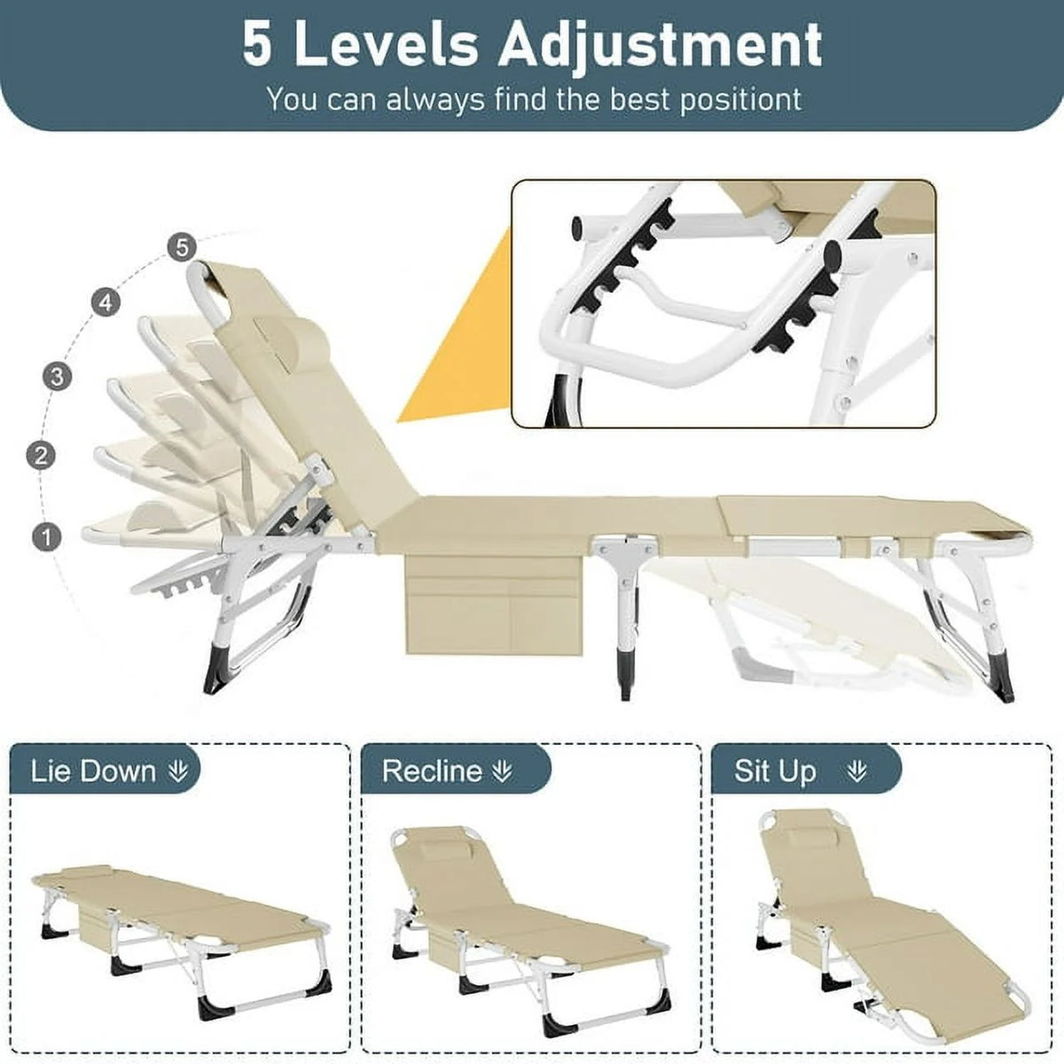 Heavy Duty Tanning Chair with Face & Arm Holes Adjustable 5-Position Folding Chaise Lounge Chair Y188