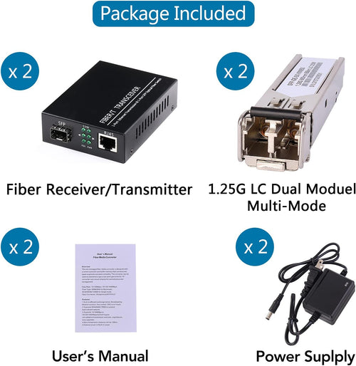 1.25G/s Bidi Gigabit Multi-Mode Fiber Ethernet Media Converter with 2PCS Bidi SFP LC Dual Transceiver Module, 10/100/1000Base-Tx to 1000Base-SX SMF RJ45 to SFP Slot, 550M, Pack of 2 Z379