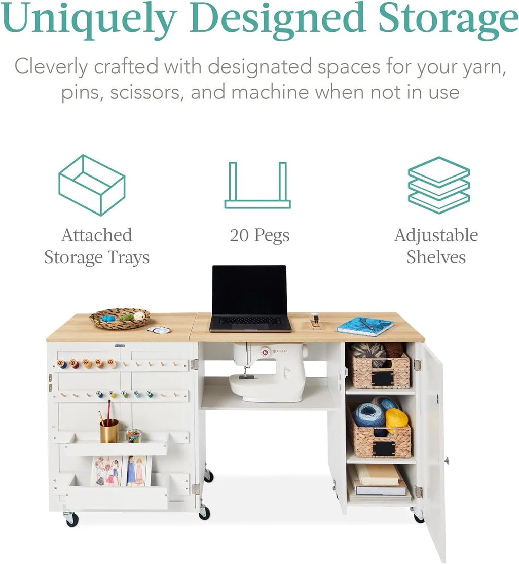 Large White Folding Sewing Table with Caster Wheels L6947