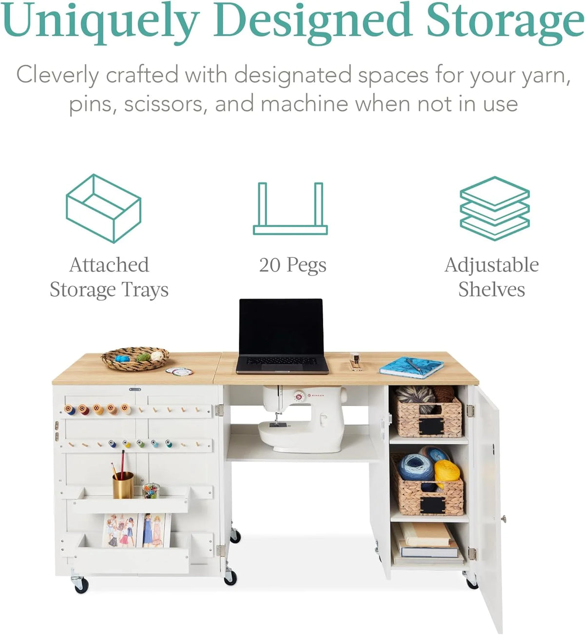 Large White Folding Sewing Table with Caster Wheels L6947
