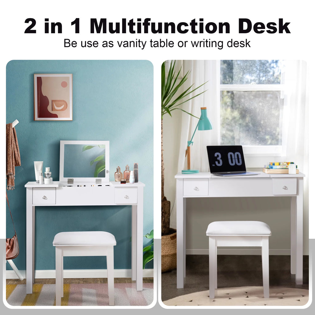 White Vanity Table with Flip-Top Mirror and 2 Drawers E755