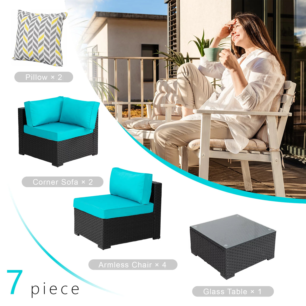 7 Pieces Black Wicker Outdoor Sectional Sofa Set O672233