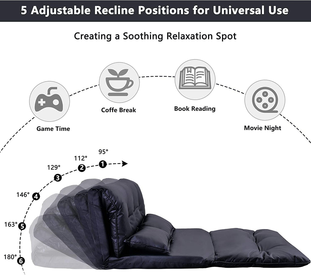 Adjustable Floor Sofa Bed with 2 Pillows, 5 Reclining Position, Black F325278