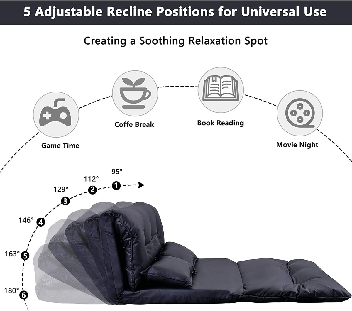Adjustable Floor Sofa Bed with 2 Pillows, 5 Reclining Position, Black F325278