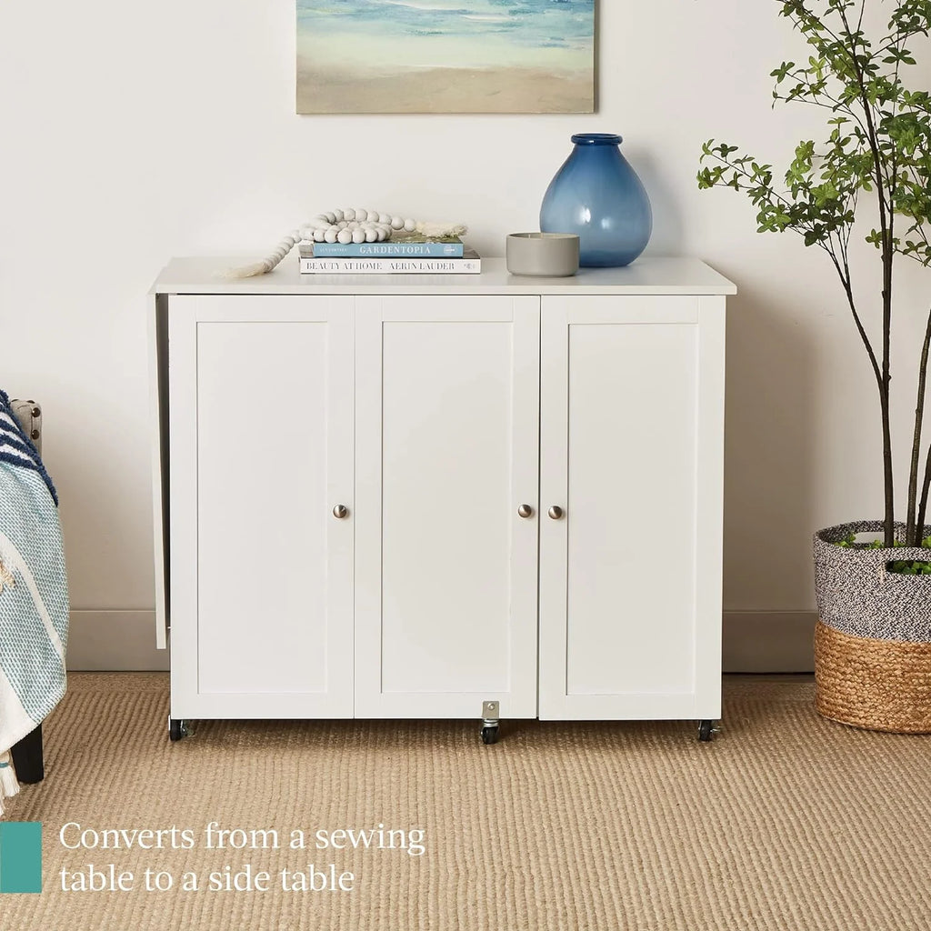 Large White Folding Sewing Table with Caster Wheels L6947