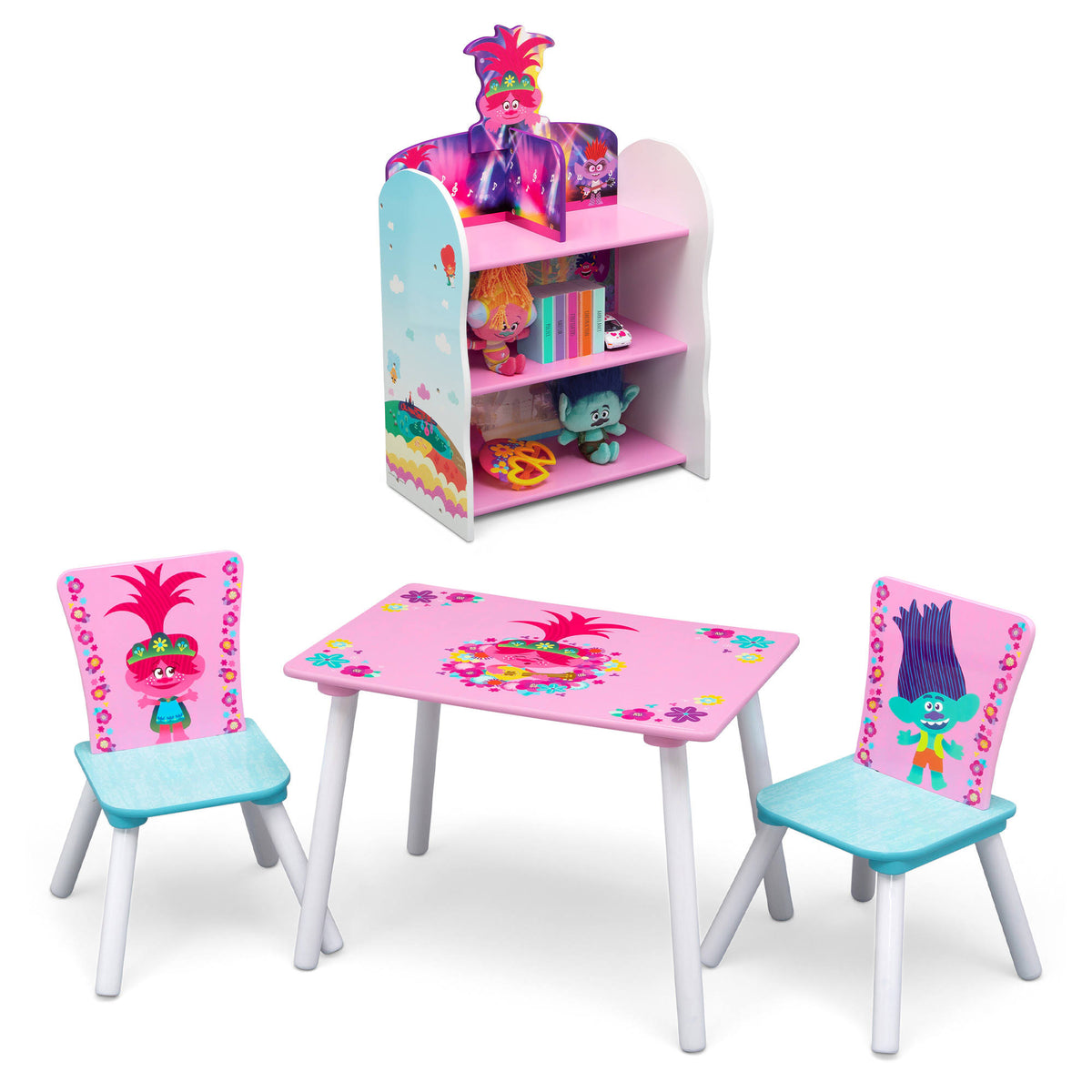 4-Piece Playroom Set with Table and 2 Chair Set and 3-Shelf Bookcase W847900