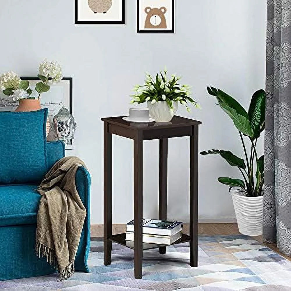 Dark Coffee Tall End Table With Storage Shelf And Solid Wood Legs, D12xw15xh29 Inches G405