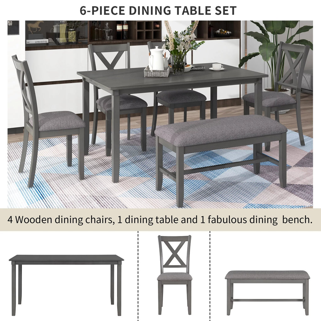6-Piece Wooden Dining Table Set with 4 Chairs & Bench V882
