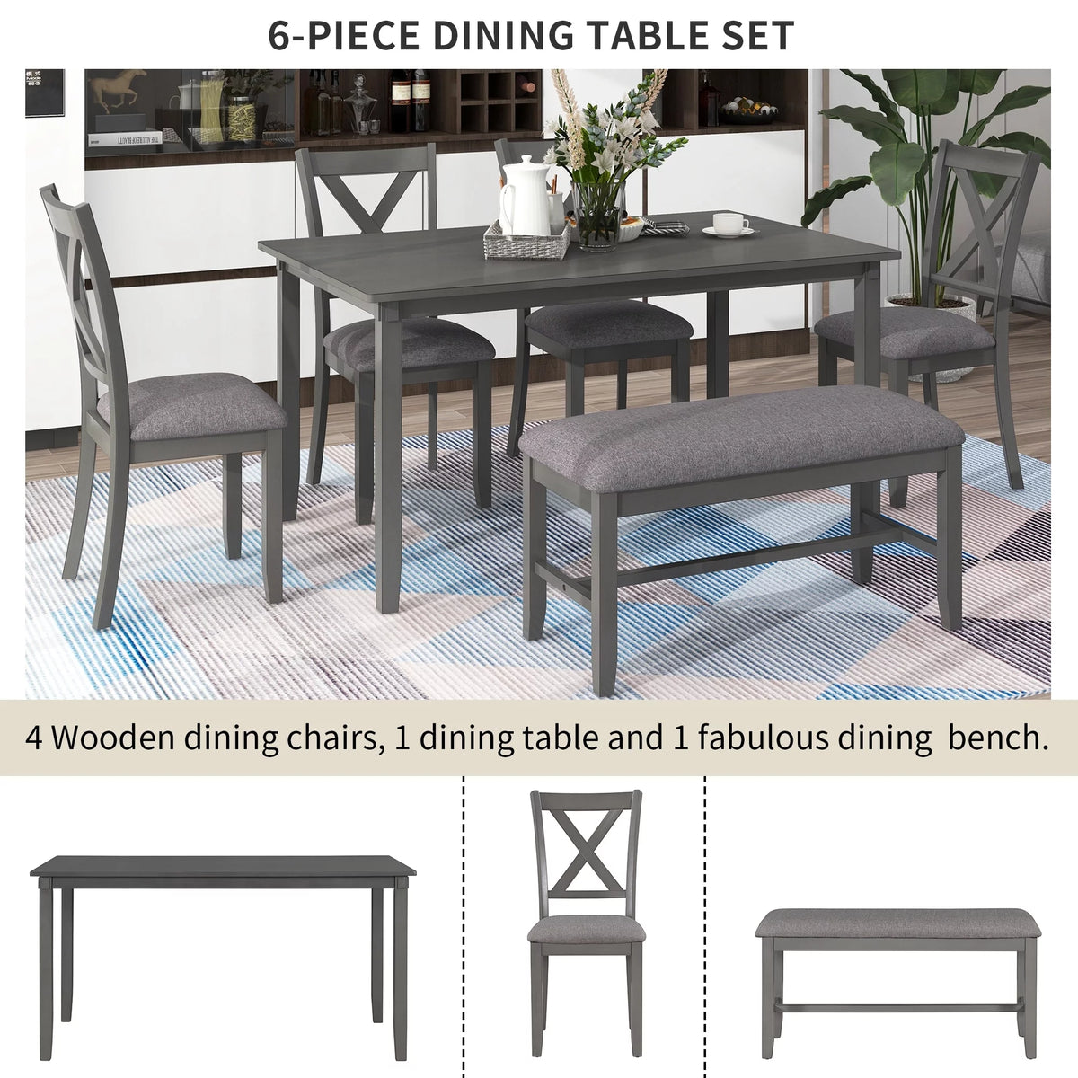 6-Piece Wooden Dining Table Set with 4 Chairs & Bench V882