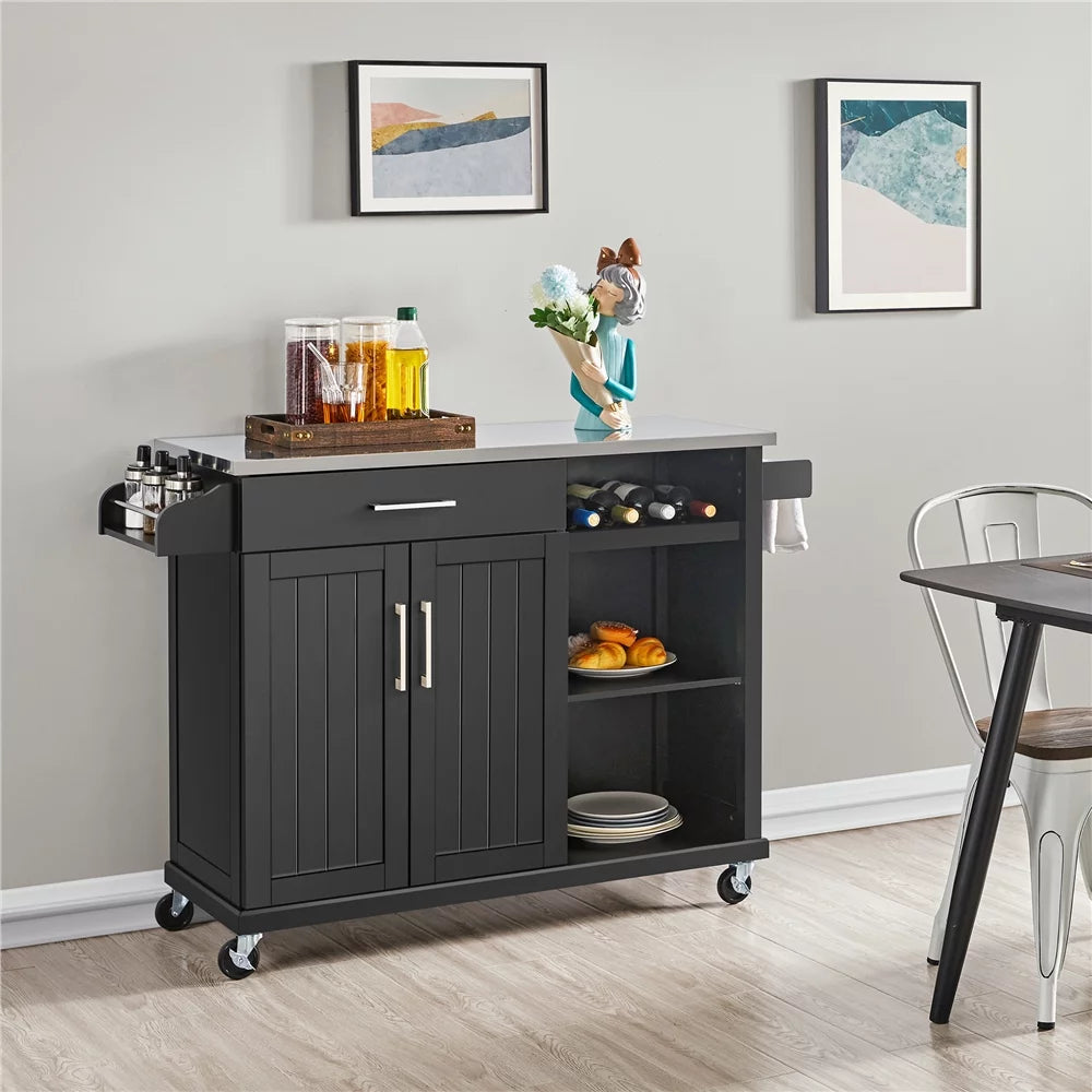 Rolling Storage Kitchen Cart Cabinet with Steel Top, Black B252415