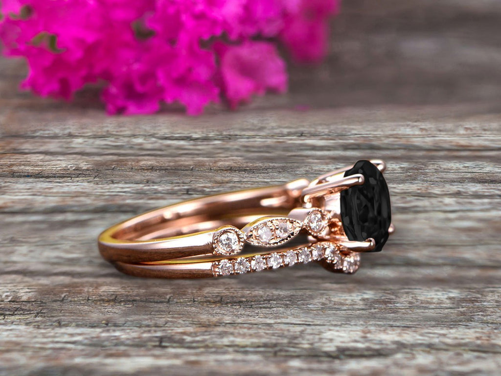 2 Carat Black Diamond Moissanite 10k Rose Gold Wedding Set Ring V1643