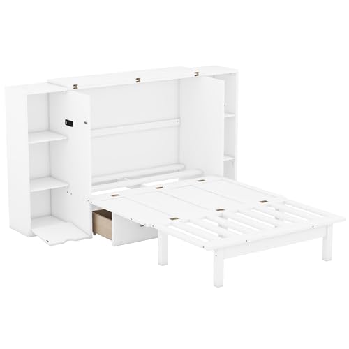 White Queen Size Solid Wood Murphy Wall Bed with Storage X5124