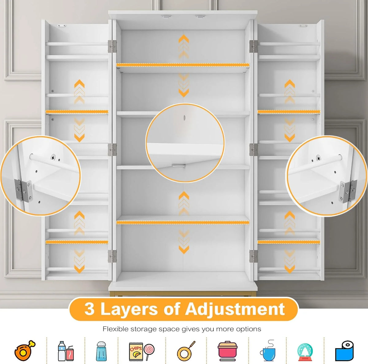 White Freestanding Kitchen Pantry Storage Cabinet with Adjustable Shelves Q190485