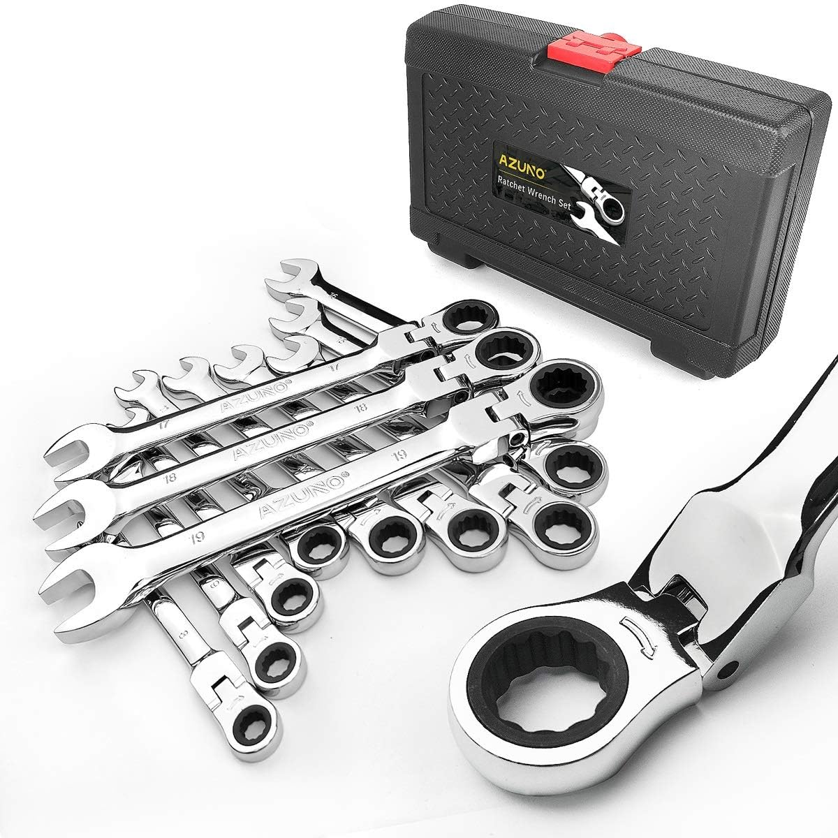 12-Piece Flex-head Ratcheting Wrench Set, Metric 8-19mm, Chrome Vanadium Steel J414249