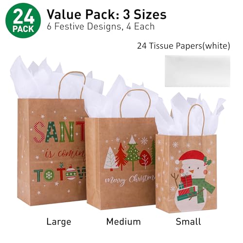 24 Christmas Gift Bags Assorted Sizes with Tissue Paper P8290