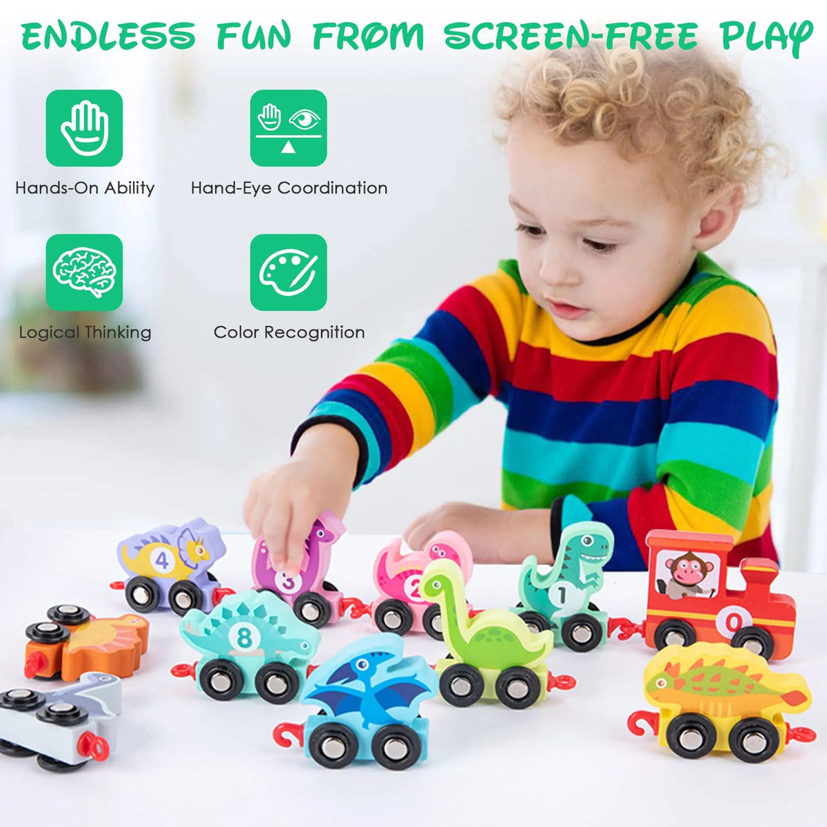 Wooden Dinosaur Train Car with Numbers, 11 Pieces Educational Montessori Toys R1452