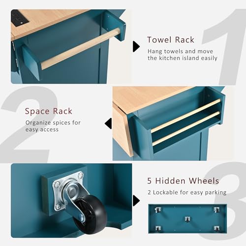 Rolling Kitchen Island on 5 Wheels with 2 Drop Leaf, Power Outlet and 3 Drawers, Green T793014