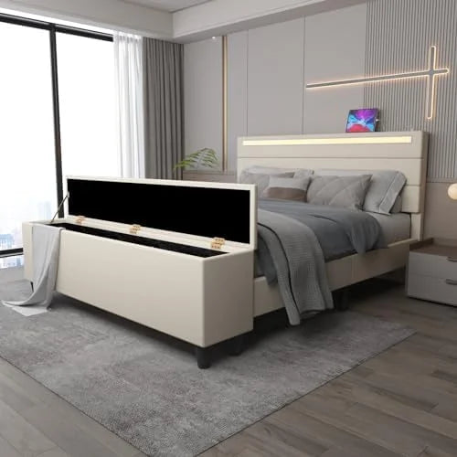 Queen Upholstered Platform Bed Frame with Ottoman and LED Lights P4088