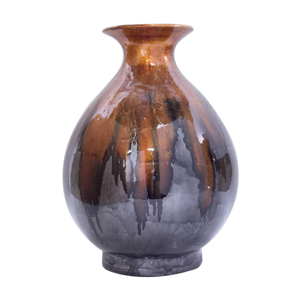 Bronze Brown Amber Gray Ceramic Round Water Jar Vase G316