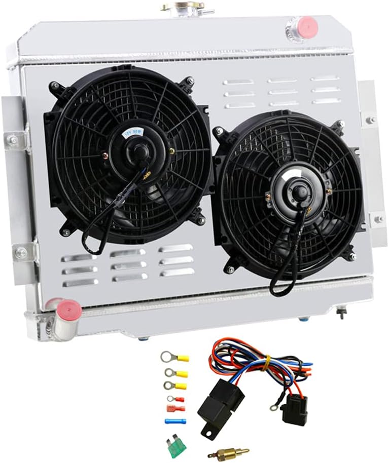 3 Row Core Aluminum Radiator with 2 x 12" Fans and Thermostat Relay Wire Kit for Jeep CJ5 CJ6 CJ7 Scrambler G3047