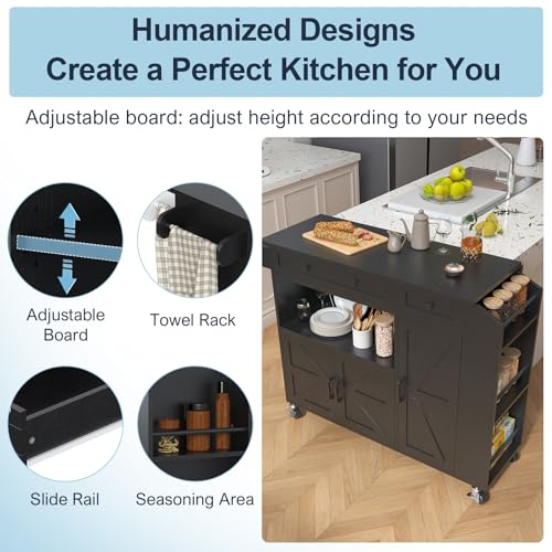 Rolling Kitchen Island with Drop Leaf, Power Outlet, Storage Cabinet and Drawer B75911
