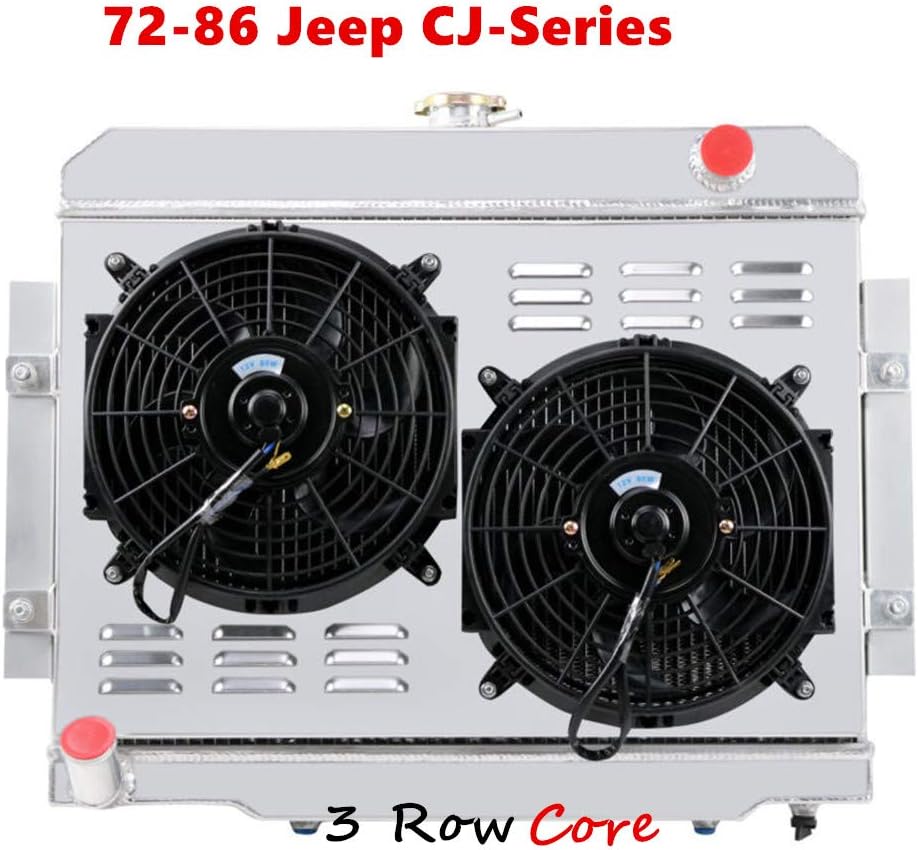 3 Row Core Aluminum Radiator with 2 x 12" Fans and Thermostat Relay Wire Kit for Jeep CJ5 CJ6 CJ7 Scrambler G3047