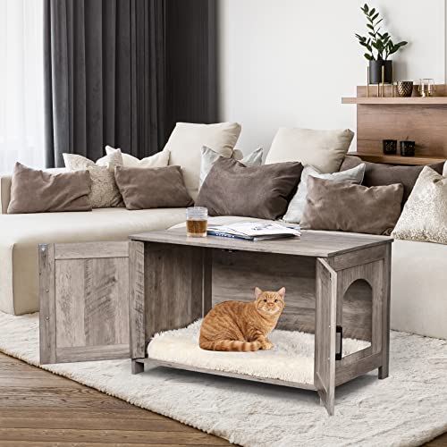 39.4" L Wooden Cat Litter Box Enclosure with Barn Door, Greige M906
