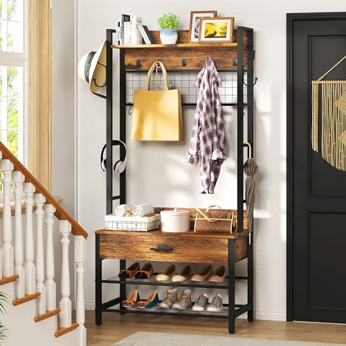 5-in-1 Wood Look Hall Tree with Bench and Shoe Storage, 12 Hooks Q45229