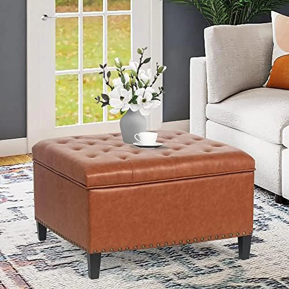 Orange Upholstered Tufted Ottoman Bench with Wood Legs U147