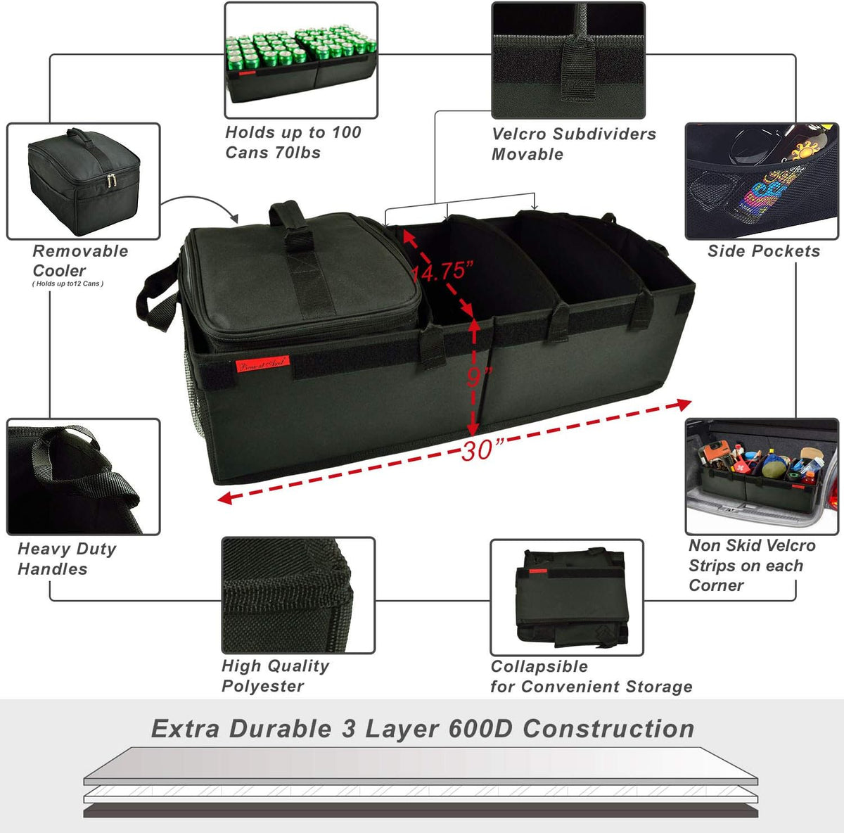 Heavy Duty Rigid Base Trunk Organizer with 28 Can Capacity Leak Proof Cooler, Adjustable Dividers, Pack of 2 P709
