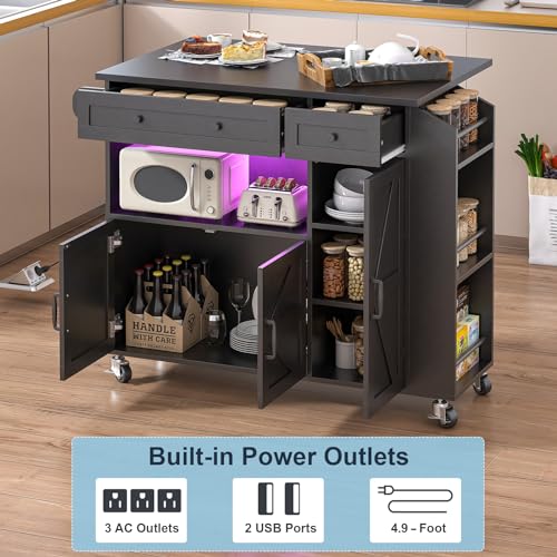 Rolling Kitchen Island with Drop Leaf, Power Outlet, Storage Cabinet and Drawer B75911