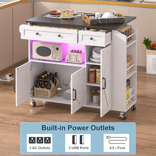 Rolling Kitchen Island with Drop Leaf, Power Outlet, Storage Cabinet and Drawer B75911