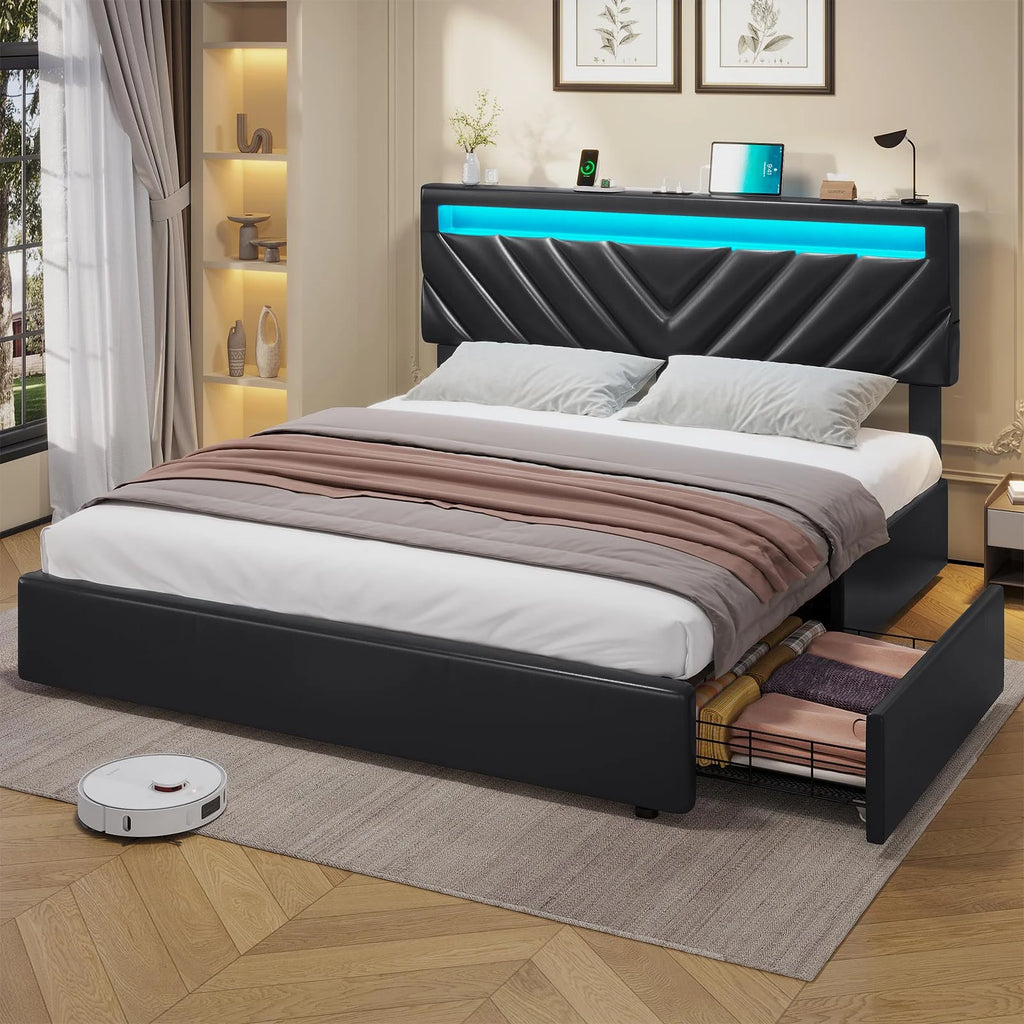 Queen Size LED Upholstered Platform Bed Frame with Drawers O52565