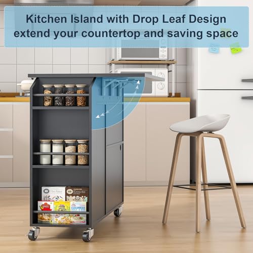 Rolling Kitchen Island with Drop Leaf, Power Outlet, Storage Cabinet and Drawer B75911