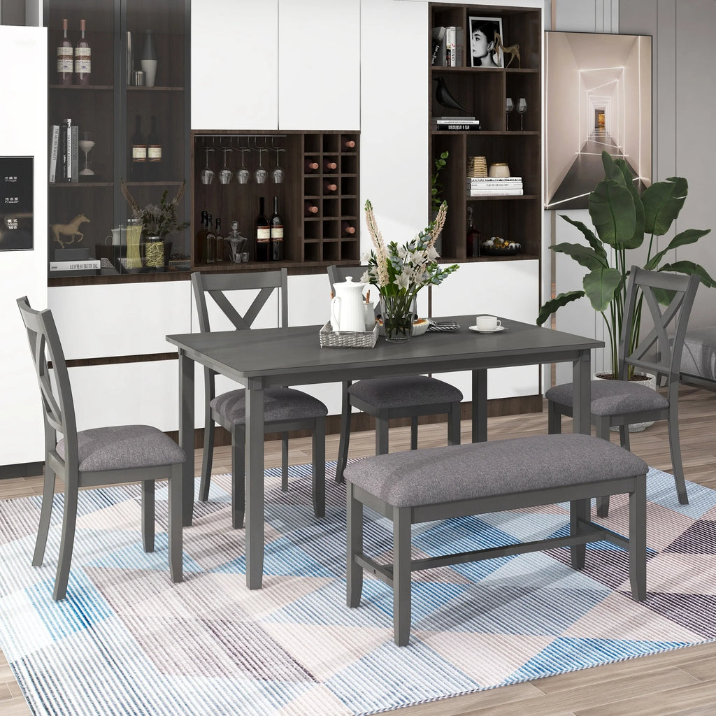 6-Piece Wooden Dining Table Set with 4 Chairs & Bench V882