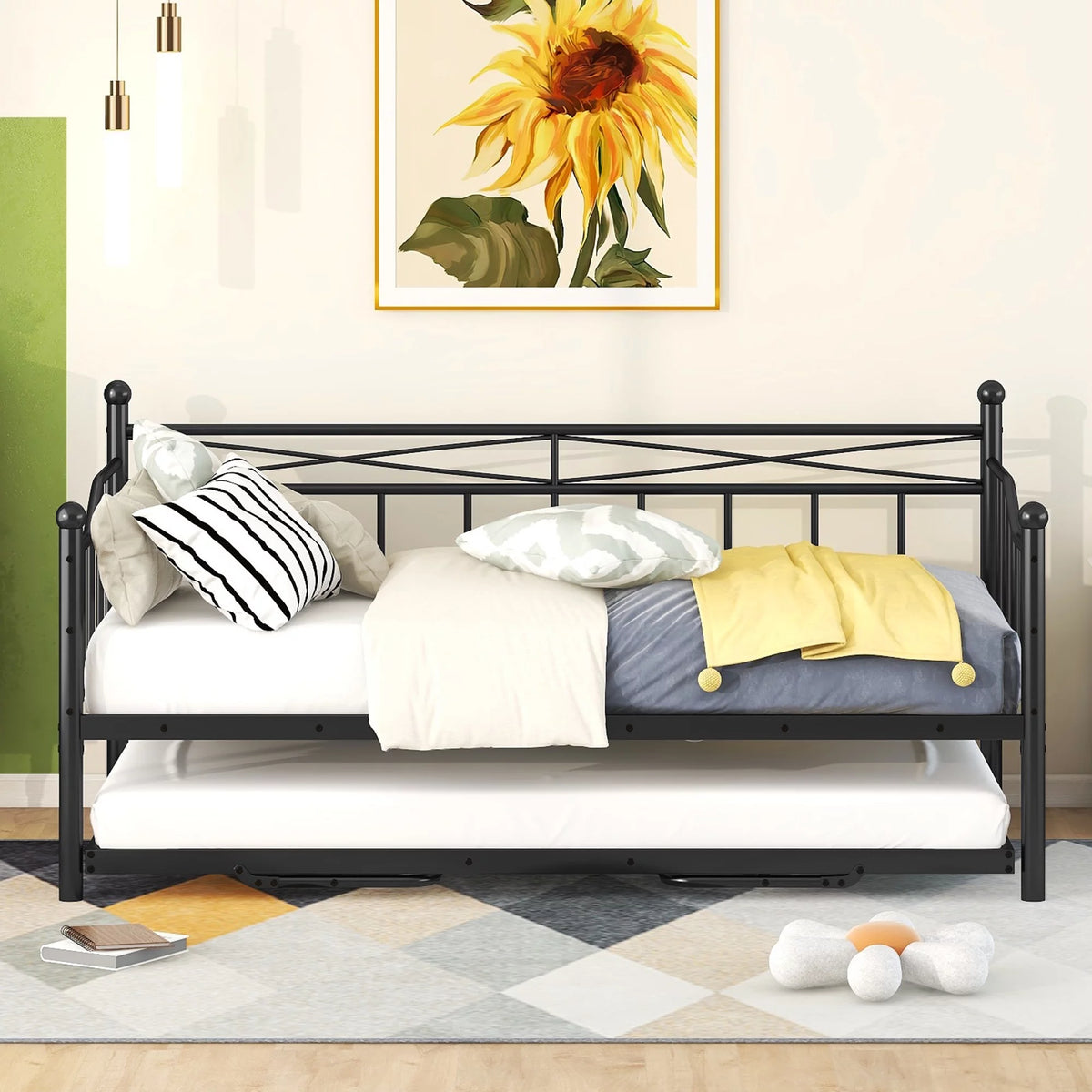 Twin Size Black Metal Daybed with Adjustable Trundle W604185