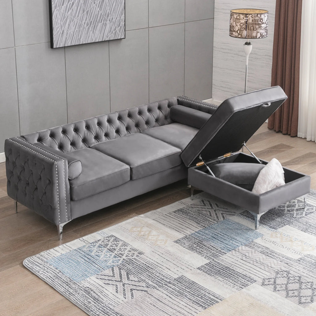 Velvet L-Shaped Sectional Sofa with Storage Ottoman J116
