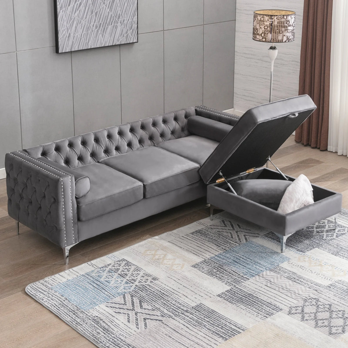 Velvet L-Shaped Sectional Sofa with Storage Ottoman J116