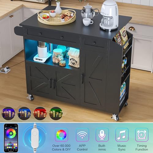 Rolling Kitchen Island with Drop Leaf, Power Outlet, Storage Cabinet and Drawer B75911