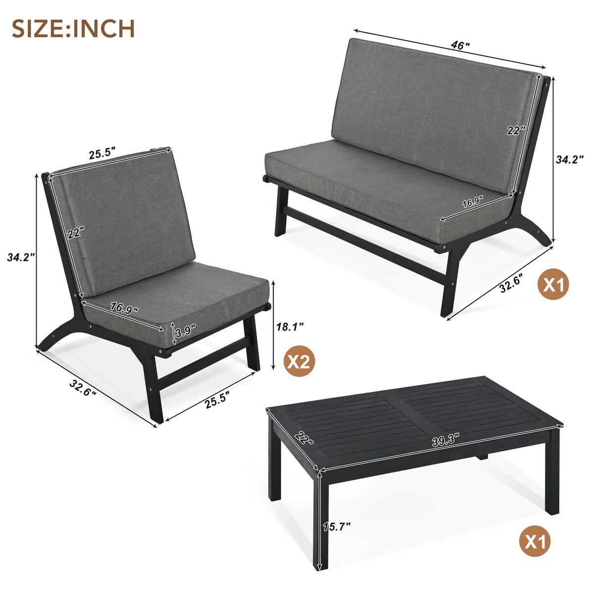 4 Pieces Acacia Solid Wood Outdoor Sofa Set with Coffee Table and Cushions D490301
