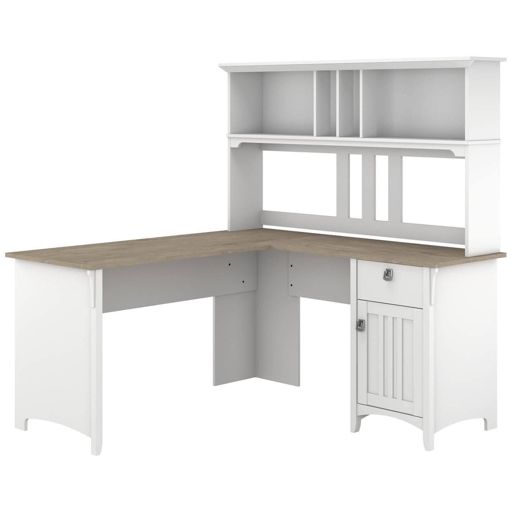 Pure White and Shiplap Gray L Shaped Desk with Hutch A744566